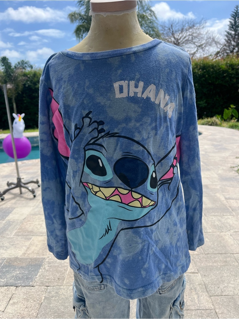 Disney Blue Tie-Dye Stitch "Ohana" Long-Sleeve Tee size 8